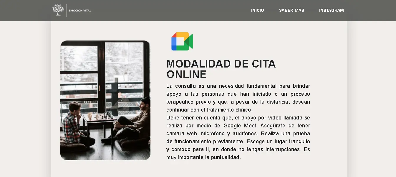Sección de la modalidad de la cita por medio de la plataforma de Google Meet