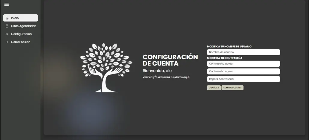 Módulo de configuración de cuenta de usuario o empleado en el sistema de psicología