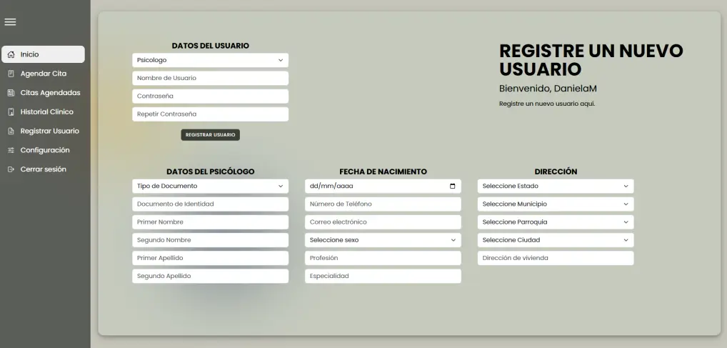 Módulo de registro de usuarios y nuevos empleados en el sistema de psicología