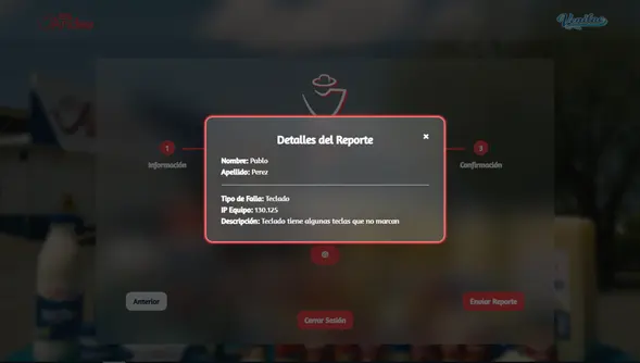 Modal que contiene los datos enviados en el reporte al sistema de reportes
    de la empresa de Lácteos los Andes, Planta Cabudare, Barquisimeto - Venezuela
